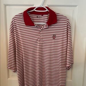 Men's Red and White Striped Polo Shirt
